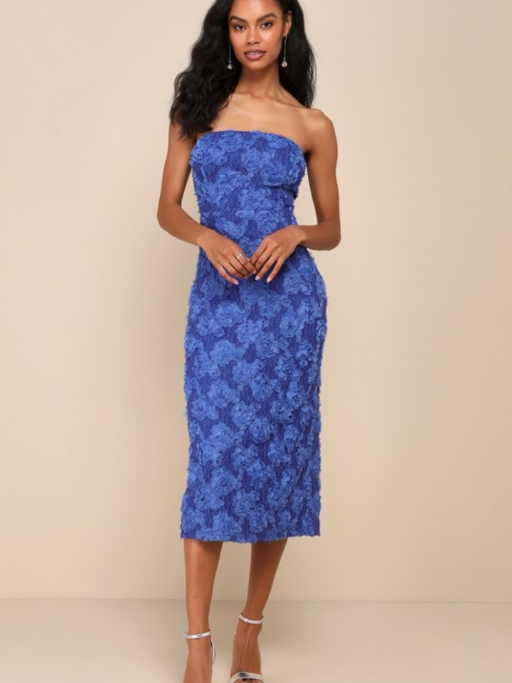 Lulus Flawless Perfection Blue Floral Applique Strapless Midi Dress - Size S